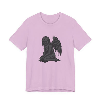 Fallen Angel Dark Theme Graphic T-Shirt – Dark Grayscale Crying Angel Design on Black Tee with Gothic Mood and Modern Ghost Effect. Unisex Jersey Short Sleeve Tee