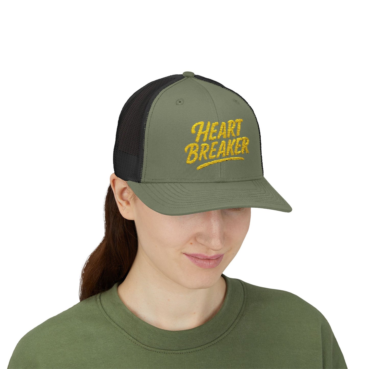 Heartbreaker Trucker Hat – Bold Baseball Hat with Retro Script and Broken Heart Design for Confident Rule-Breakers. Yellow Letters