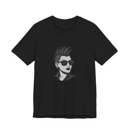 Punk Girl Graphic T-Shirt – Dark Theme Grayscale Spiked Hair Portrait on Black Tee with Bold Energy and Modern Ghost Effect. Unisex Jersey Short Sleeve Tee