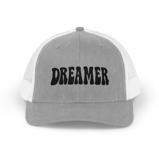 Dreamer Trucker Hat – Embroidered Minimalist Script Hat for Visionaries, Creatives, and Chill Daydreamers. Black Letters