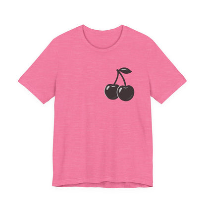 Dark Cherry Graphic T-Shirt – Minimal Dark Theme Grayscale Fruit Design on Black Tee with Subtle Style and Modern Ghost Effect. Unisex Jersey Short Sleeve Tee
