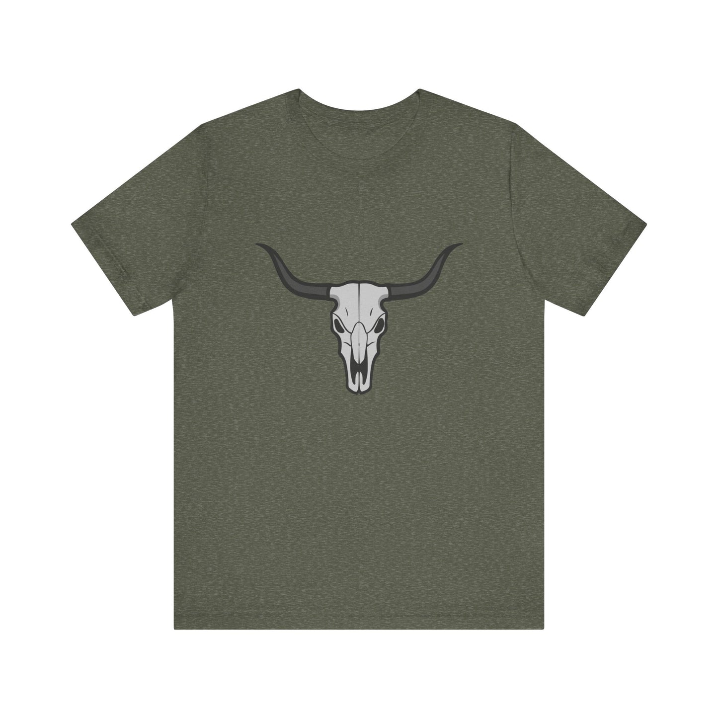 Dark Theme Steer Skull Shirt – Western Cow Skull Graphic in Grey and Black for Desert Gothic Vibes. Unisex Jersey Short Sleeve Tee