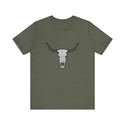 Dark Theme Steer Skull Shirt – Western Cow Skull Graphic in Grey and Black for Desert Gothic Vibes. Unisex Jersey Short Sleeve Tee