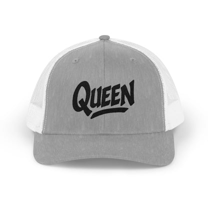 Queen Trucker Hat – Embroidered Crown Hat for Confident Women. Black Letters
