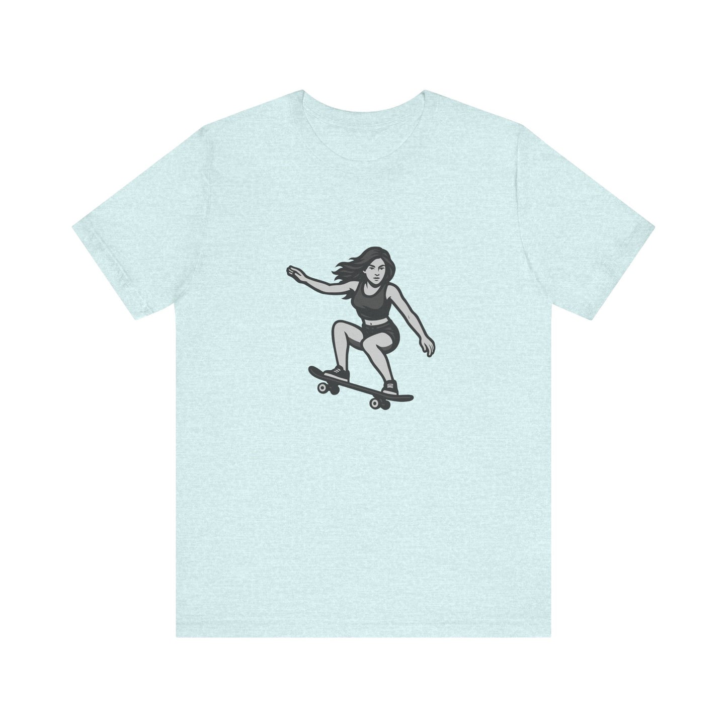 Skater Girl Graphic T-Shirt – Dark Theme Grayscale Skateboarding Design on Black Tee with Bold Motion and Modern Ghost Effect. Unisex Jersey Short Sleeve Tee