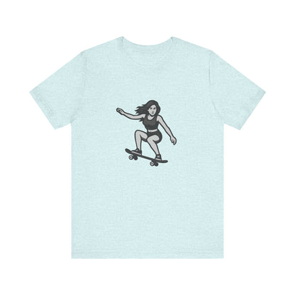 Skater Girl Graphic T-Shirt – Dark Theme Grayscale Skateboarding Design on Black Tee with Bold Motion and Modern Ghost Effect. Unisex Jersey Short Sleeve Tee