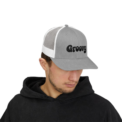 Groovy Trucker Hat – Retro Embroidered Hat with 70s Style Font for Funky Vibes, Chill Days, and Vintage Cool. Black Letters