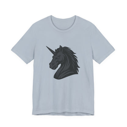 Dark Unicorn Profile T-Shirt – Dark Theme Grayscale Fierce Mythical Horse Design on Black Tee with Gothic Magic and Modern Ghost Effect. Unisex Jersey Short Sleeve Tee