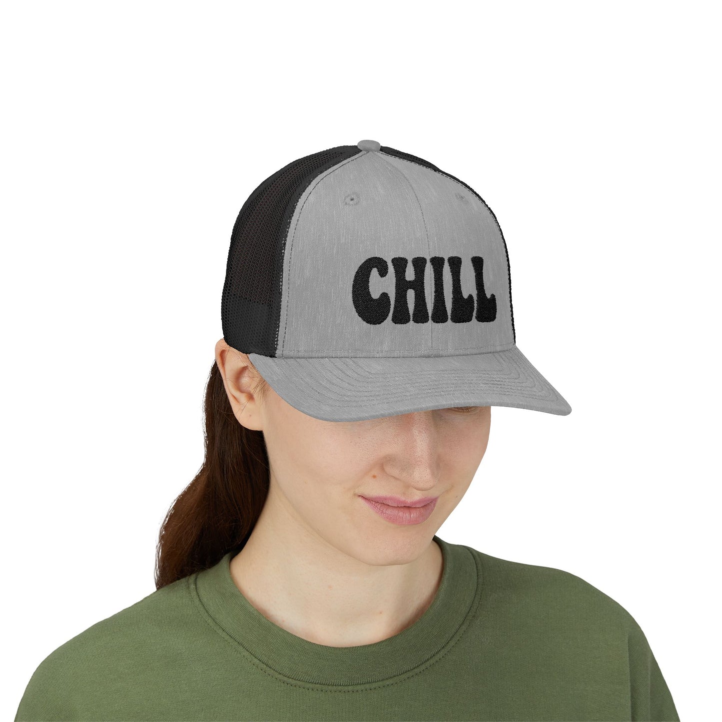 Chill Trucker Hat – Embroidered Relaxed Script Hat for Easygoing Vibes and Everyday Cool. Black Letters