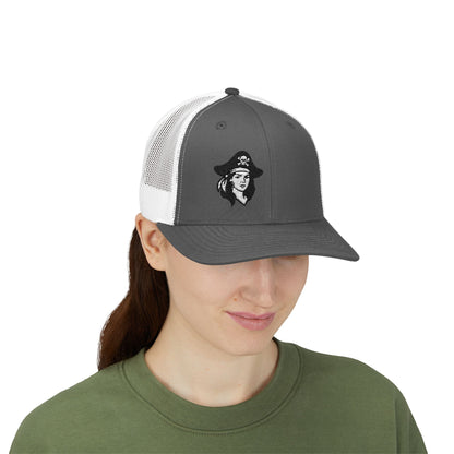 Hot Pirate Girl Trucker Hat – Bold Skull and Crossbones Hat with Retro Attitude and Seafaring Sass