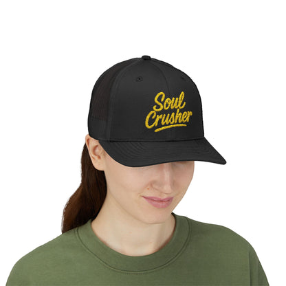Soul Crusher Trucker Hat – Clean Script Hat with Bold Edge for Heartbreakers, Villains, and Power Moves. Yellow Letters