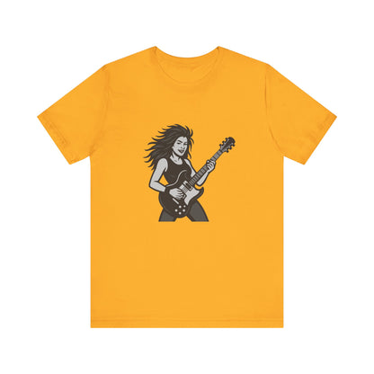 Rock Guitar Girl Graphic T-Shirt – Dark Theme Grayscale Electric Guitarist Design on Black Tee with Music Attitude and Modern Ghost Effect. Unisex Jersey Short Sleeve Tee