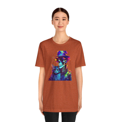 Cool Skeleton and Cat Halloween Shirt – Neon Retro Horror Graphic Tee for Spooky Style and Cat Lovers