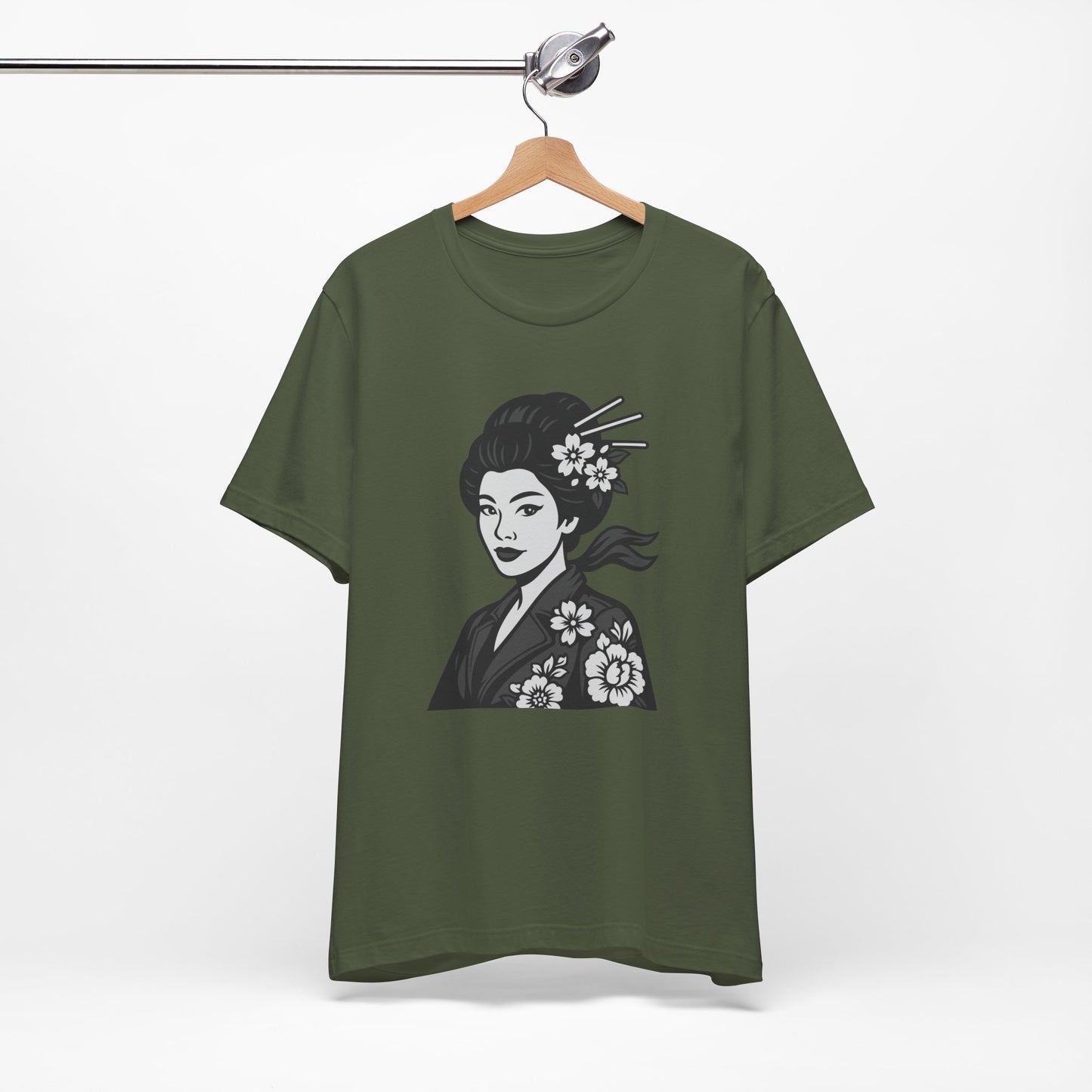 Floral Geisha Graphic Tee Dark Theme – Elegant Vector Portrait with Modern Ghost Effect