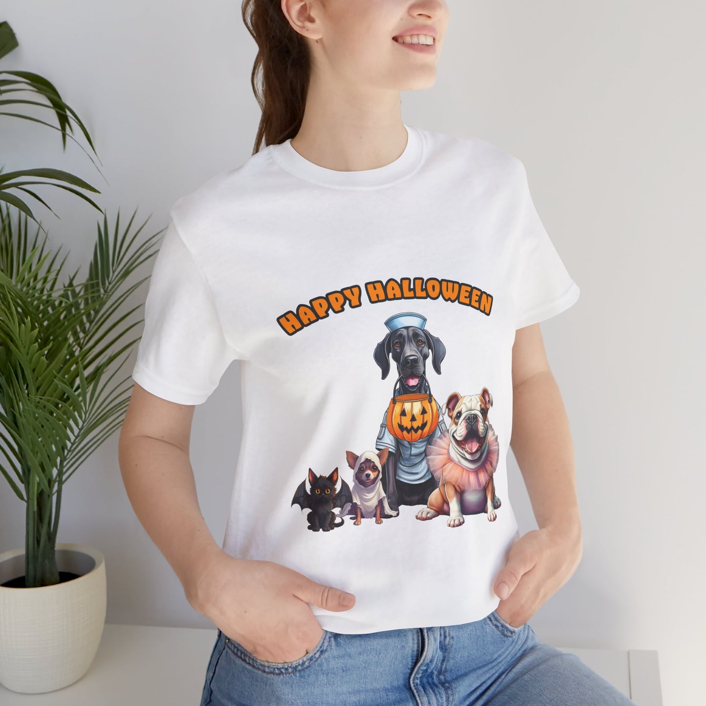 Happy Halloween Pet Parade Shirt – Cute Halloween Dogs and Cat in Costumes. Unisex Jersey Short Sleeve Tee