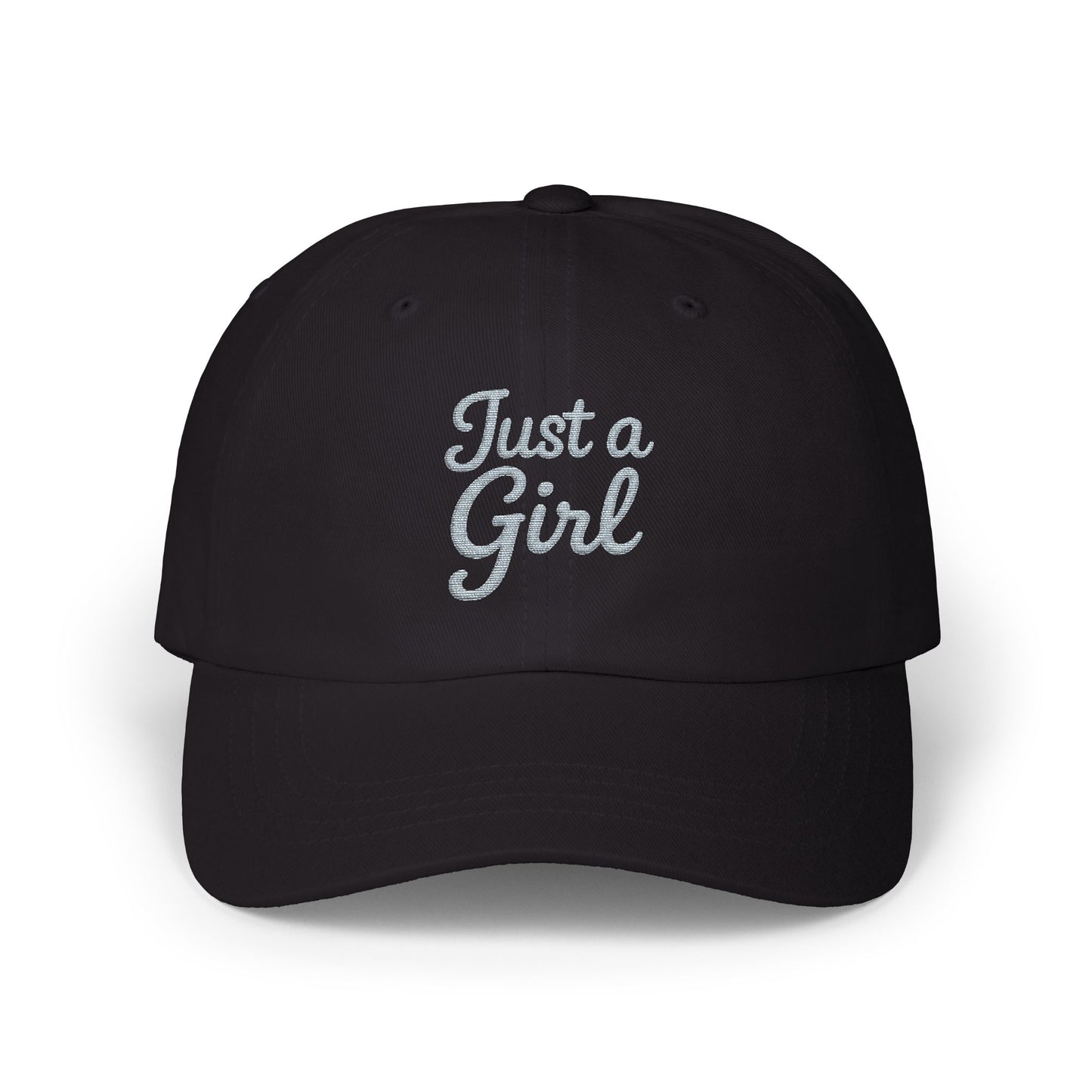 Just a Girl Embroidered Classic Dad Hat – Minimalist Script Baseball Hat with Bold Feminine Energy and Classic Style. Grey Letters