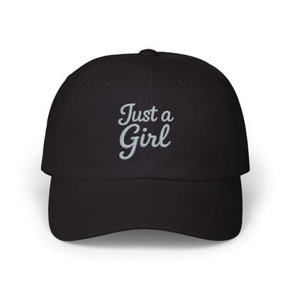 Just a Girl Embroidered Classic Dad Hat – Minimalist Script Baseball Hat with Bold Feminine Energy and Classic Style. Grey Letters