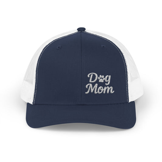 Dog Mom Trucker Hat – Embroidered Minimalist Dog Face Hat for Proud Pet Moms and Dog-Loving Style. White Letters