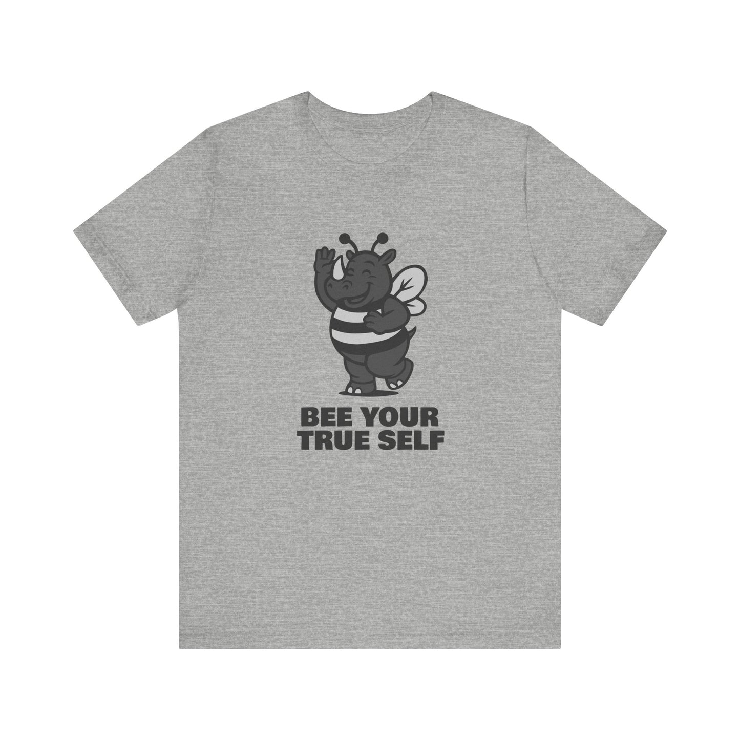 Bee Your True Self T-Shirt – Dark Theme Grayscale Rhino in Bee Costume on Black Tee with Wholesome Humor and Self-Expression Message. Unisex Jersey Short Sleeve Tee