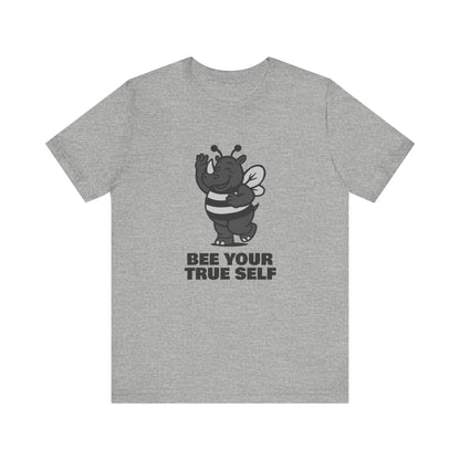 Bee Your True Self T-Shirt – Dark Theme Grayscale Rhino in Bee Costume on Black Tee with Wholesome Humor and Self-Expression Message. Unisex Jersey Short Sleeve Tee