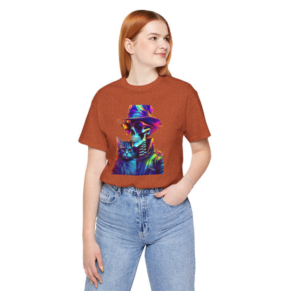 Cool Skeleton and Cat Halloween Shirt – Neon Retro Horror Graphic Tee for Spooky Style and Cat Lovers