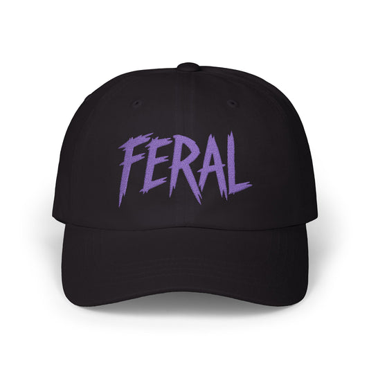 FERAL Embroidered Classic Dad Hat – Bold Statement Baseball Hat with Wild Energy Font for Rebels, Misfits, and Chaos Enthusiasts. Purple Letters