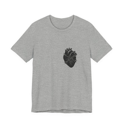 Heart in Chains Shirt – Dark Theme Anatomical Heart Wrapped in Barbed Wire and Commitment Issues. Unisex Jersey Short Sleeve Tee