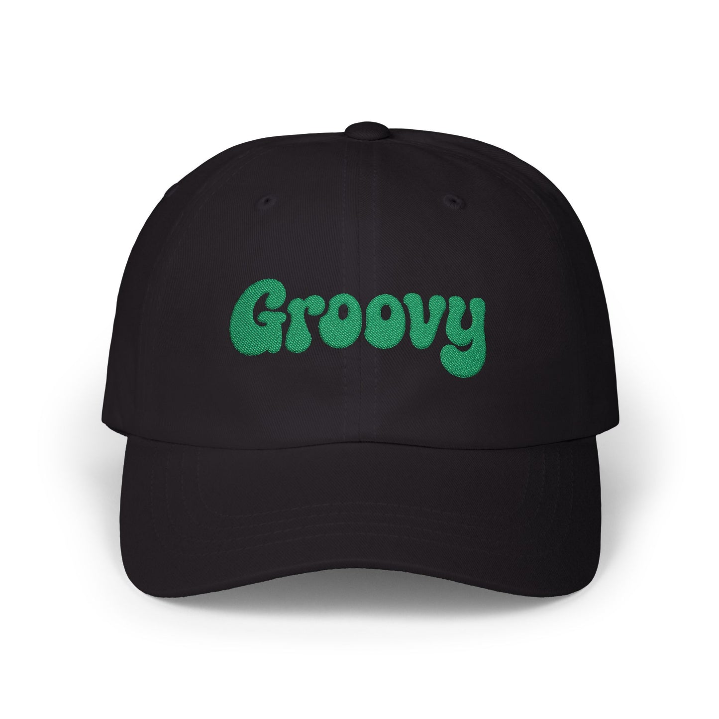 Groovy Classic Dad Hat – Retro Embroidered Hat with 70s Style Font for Funky Vibes, Chill Days, and Vintage Cool. Green Letters