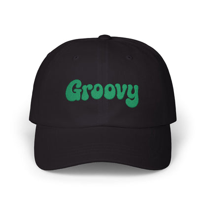 Groovy Classic Dad Hat – Retro Embroidered Hat with 70s Style Font for Funky Vibes, Chill Days, and Vintage Cool. Green Letters