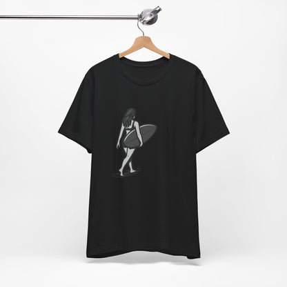 Surfer Girl Walking Graphic T-Shirt – Dark Theme Grayscale Beach Scene on Black Tee with Coastal Calm and Modern Ghost Effect. Unisex Jersey Short Sleeve Tee