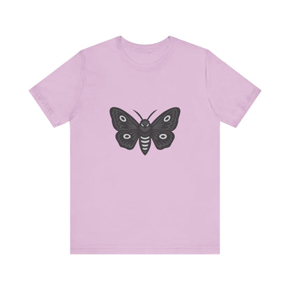 Moth Graphic T-Shirt – Dark Theme Grayscale Winged Insect Design on Black Tee with Gothic Mood and Subtle Modern Ghost Effect. Unisex Jersey Short Sleeve Tee