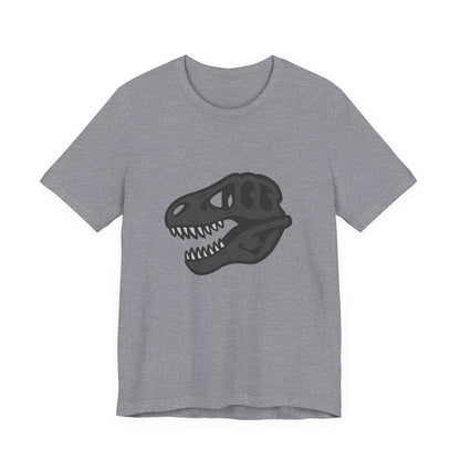 T-Rex Skull Graphic T-Shirt – Dark Theme Grayscale Dinosaur Skeleton Design on Black Tee with Prehistoric Edge and Modern Ghost Effect. Unisex Jersey Short Sleeve Tee