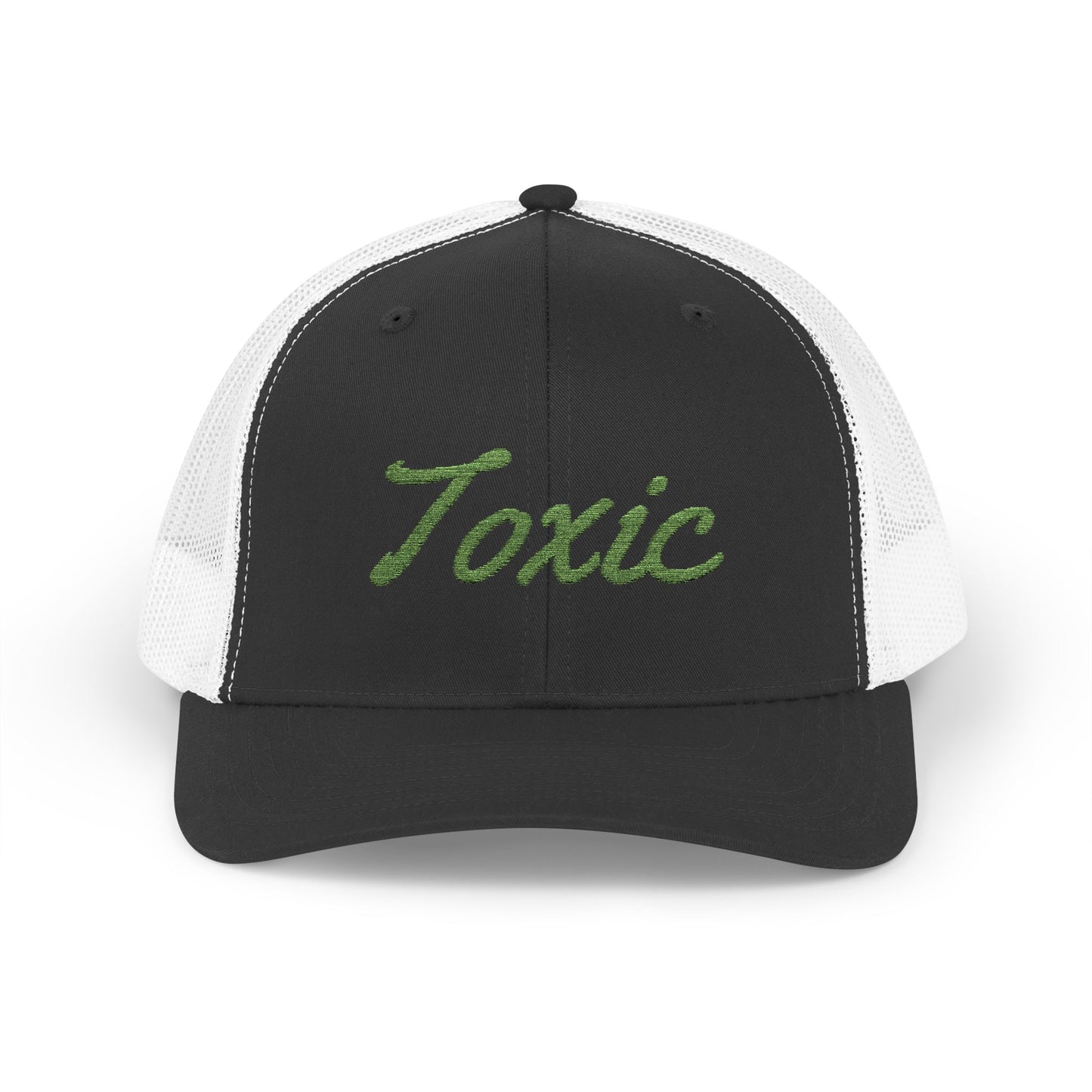 Toxic Trucker Hat – Embroidered Green Script Hat for Ironic Vibes and Bold Personality