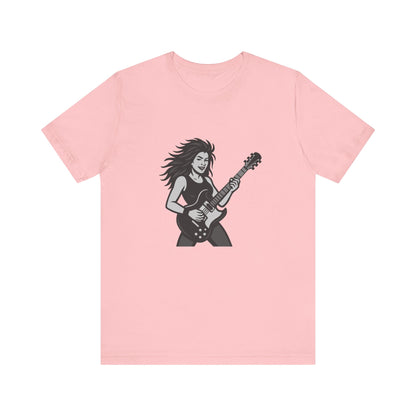 Rock Guitar Girl Graphic T-Shirt – Dark Theme Grayscale Electric Guitarist Design on Black Tee with Music Attitude and Modern Ghost Effect. Unisex Jersey Short Sleeve Tee