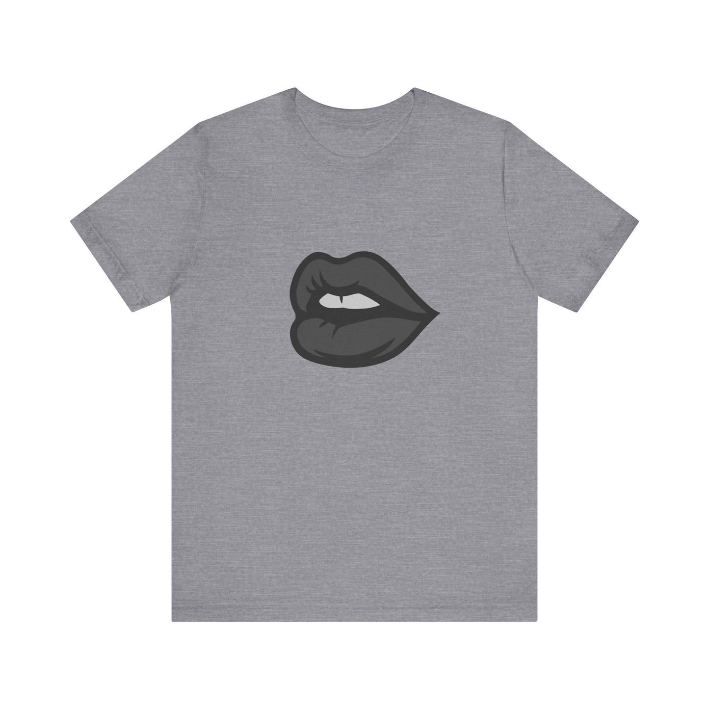 Dark Lips Graphic T-Shirt – Dark Theme Grayscale Biting Lip Design on Black Tee with Subtle Seduction and Modern Ghost Effect. Unisex Jersey Short Sleeve Tee