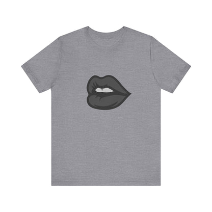 Dark Lips Graphic T-Shirt – Dark Theme Grayscale Biting Lip Design on Black Tee with Subtle Seduction and Modern Ghost Effect. Unisex Jersey Short Sleeve Tee