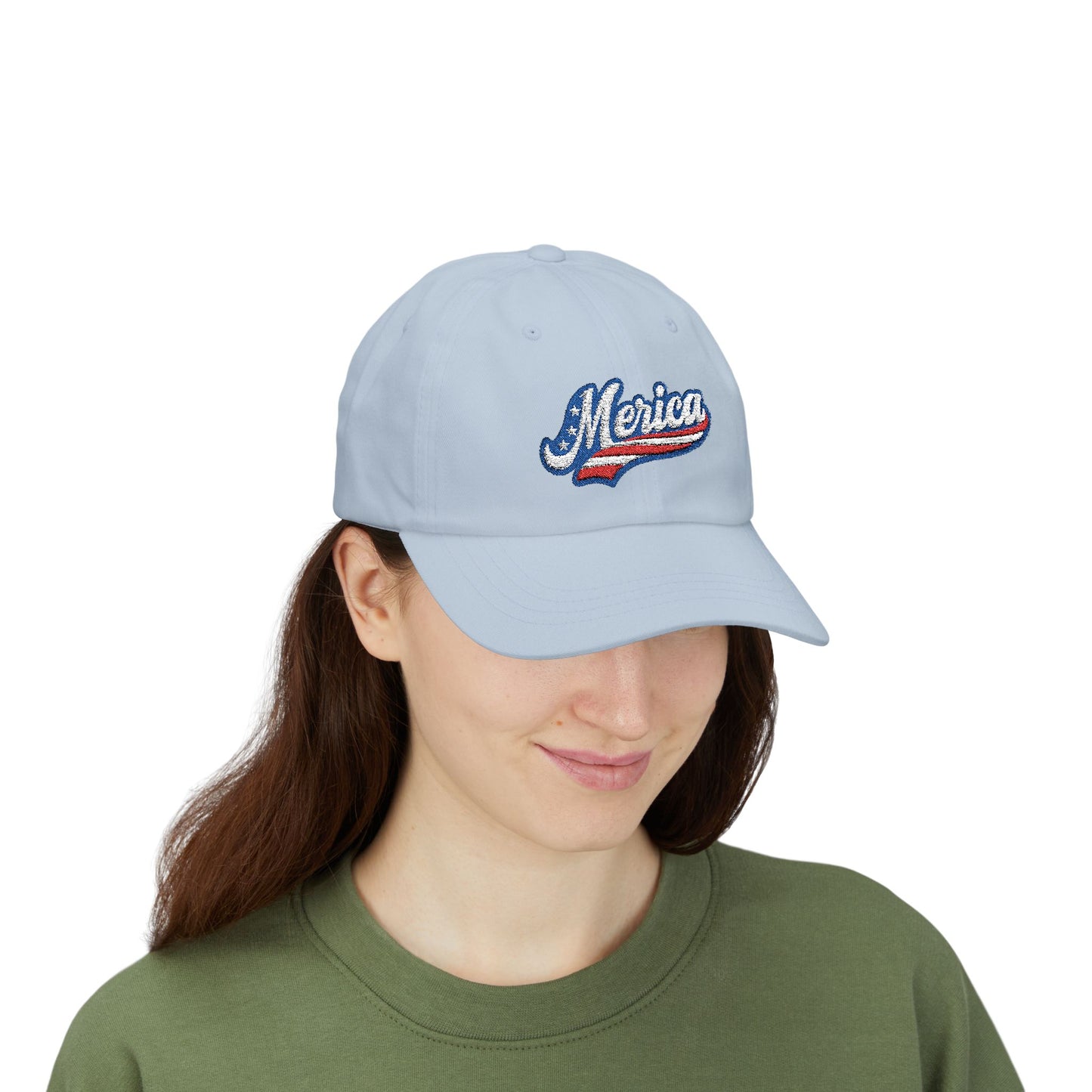 MERICA Embroidered Classic Dad Hat – Patriotic USA Hat with Bold Stars and Stripes Script Design for 4th of July and American Pride