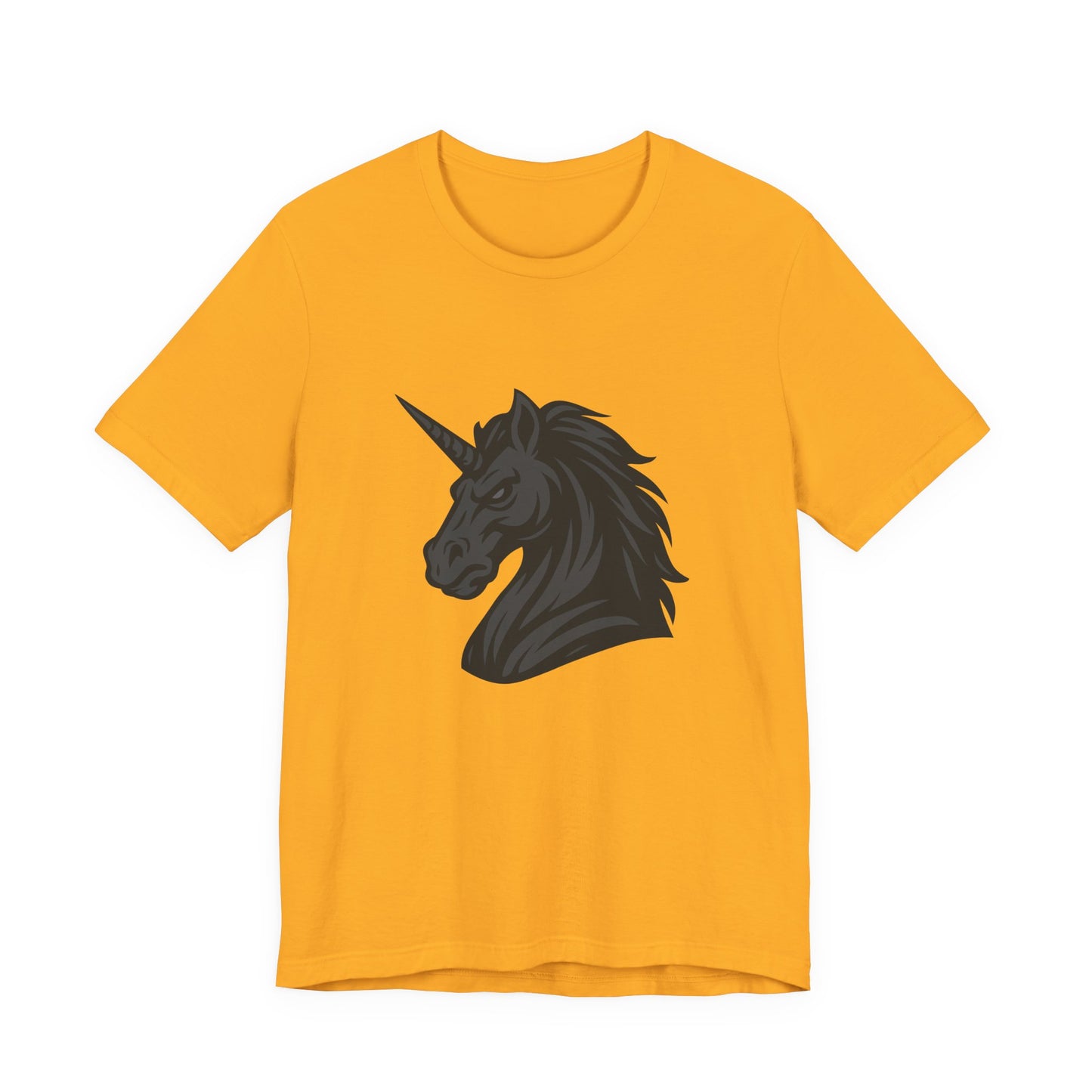 Dark Unicorn Profile T-Shirt – Dark Theme Grayscale Fierce Mythical Horse Design on Black Tee with Gothic Magic and Modern Ghost Effect. Unisex Jersey Short Sleeve Tee