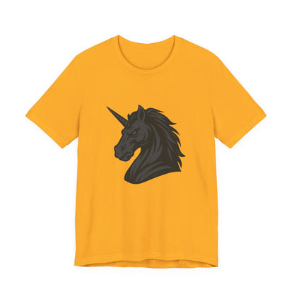 Dark Unicorn Profile T-Shirt – Dark Theme Grayscale Fierce Mythical Horse Design on Black Tee with Gothic Magic and Modern Ghost Effect. Unisex Jersey Short Sleeve Tee
