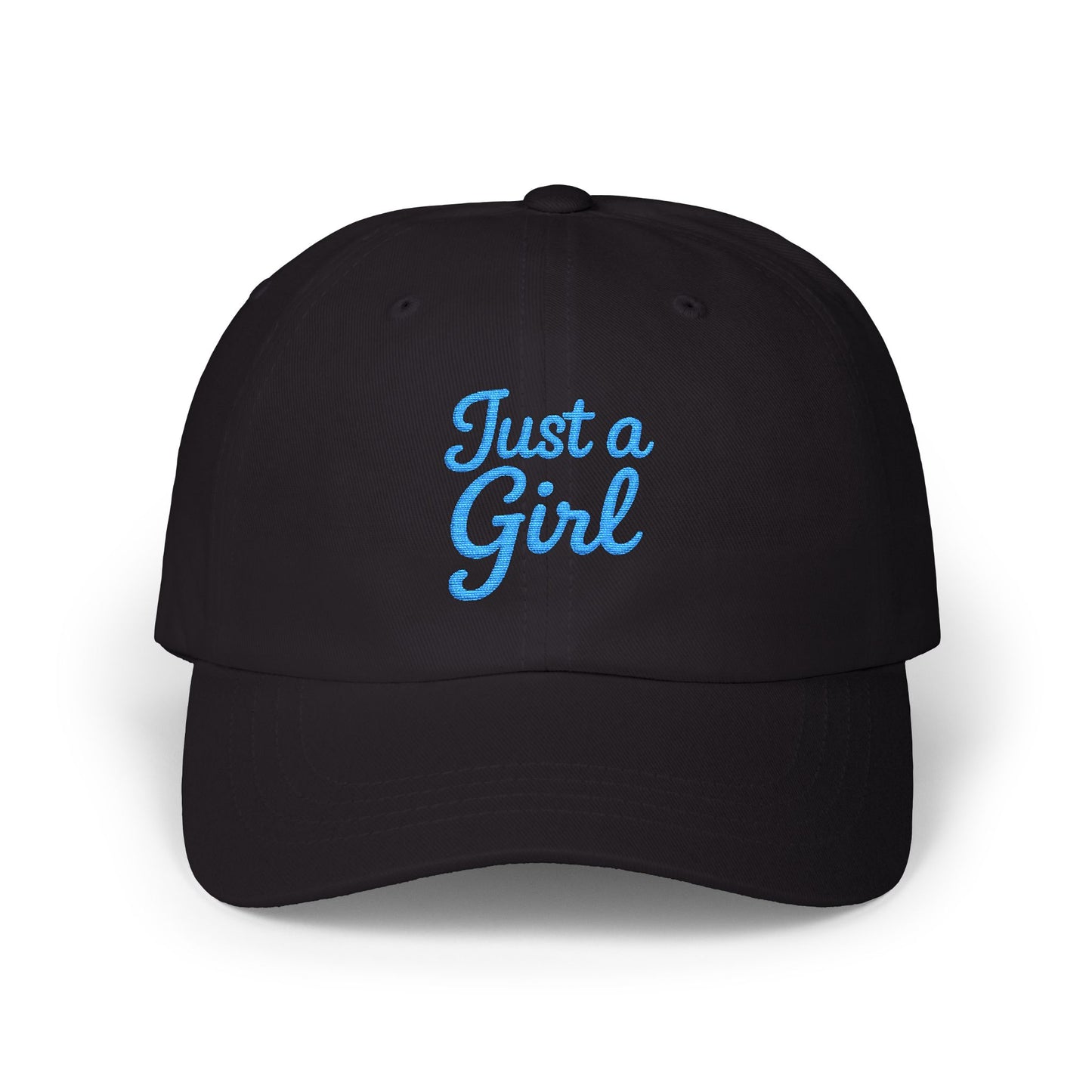 Just a Girl Embroidered Classic Dad Hat – Minimalist Script Baseball Hat with Bold Feminine Energy and Classic Style. Blue Letters