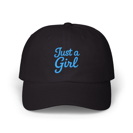 Just a Girl Embroidered Classic Dad Hat – Minimalist Script Baseball Hat with Bold Feminine Energy and Classic Style. Blue Letters
