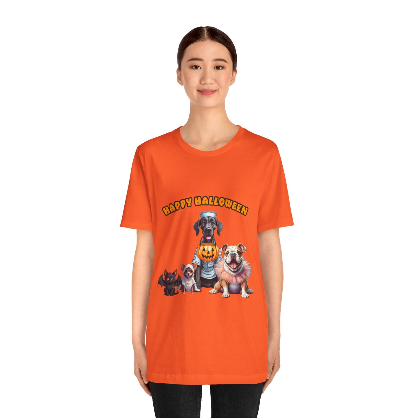 Happy Halloween Pet Parade Shirt – Cute Halloween Dogs and Cat in Costumes. Unisex Jersey Short Sleeve Tee