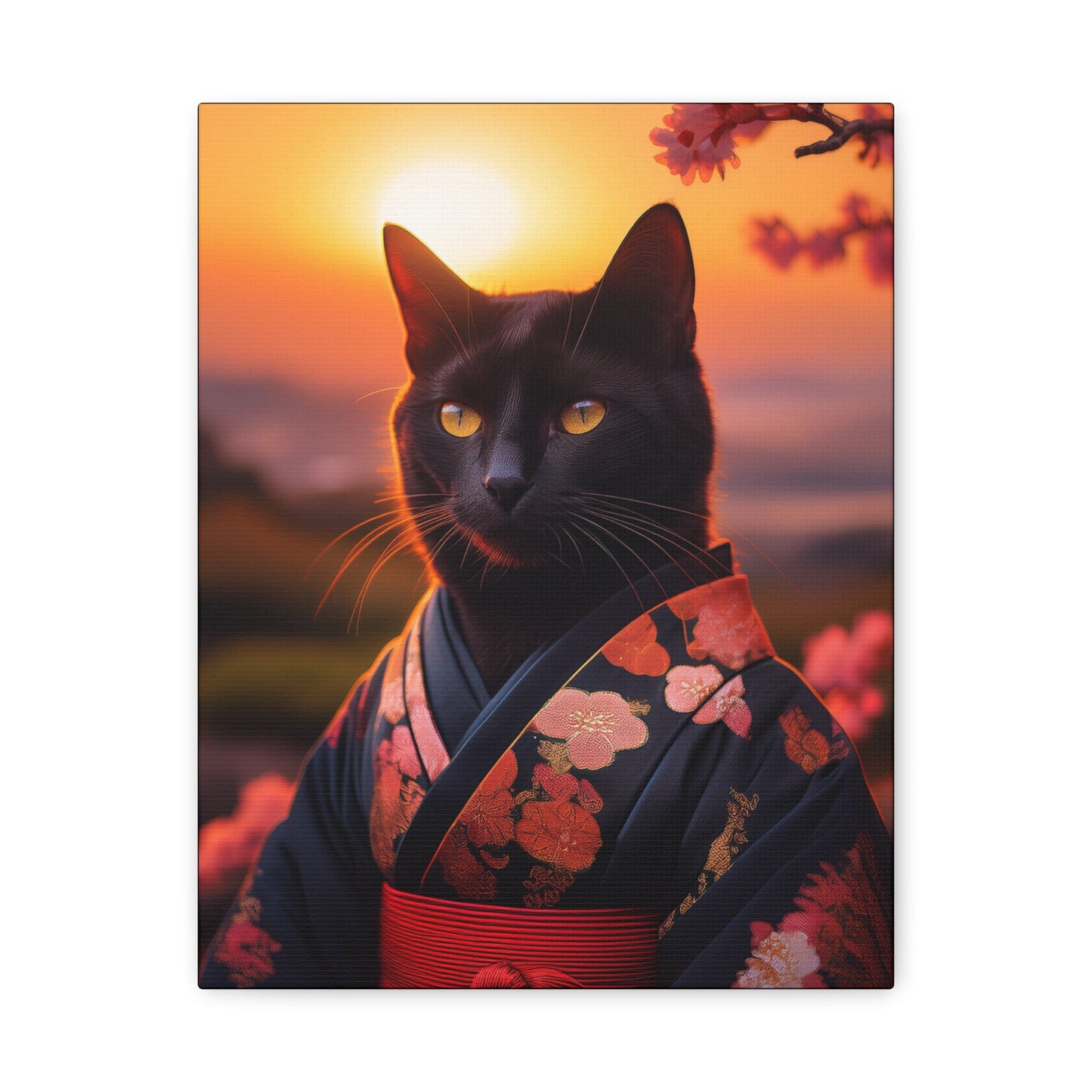 Zen Whiskers: Geisha Cat at Sunset Canvas Art | Stretched Matte Wall Decor 001