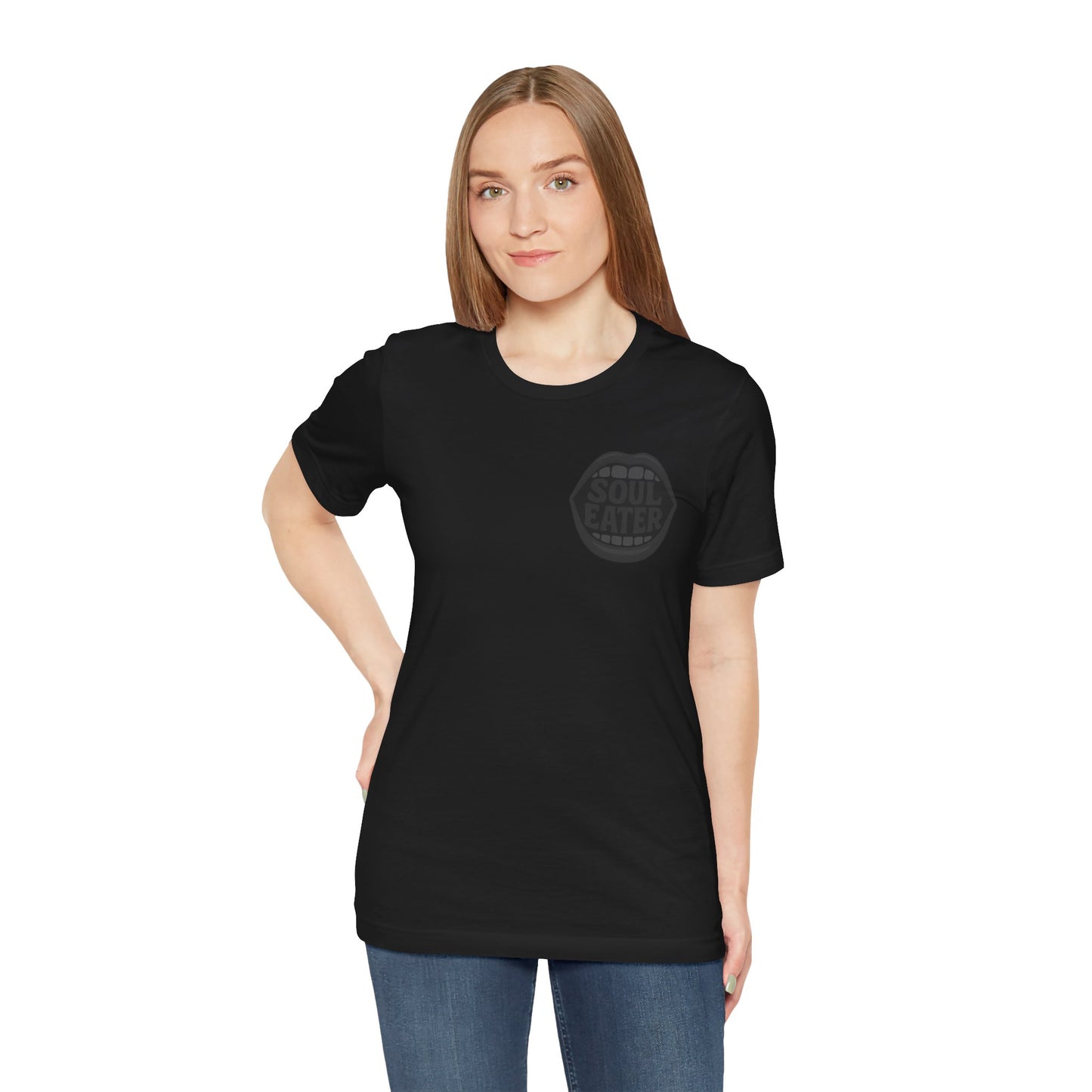 Soul Eater Mouth Graphic T-Shirt – Dark Theme Grayscale Teeth Typography on Black Tee with Horror Vibes and Modern Ghost Effect. Unisex Jersey Short Sleeve Tee