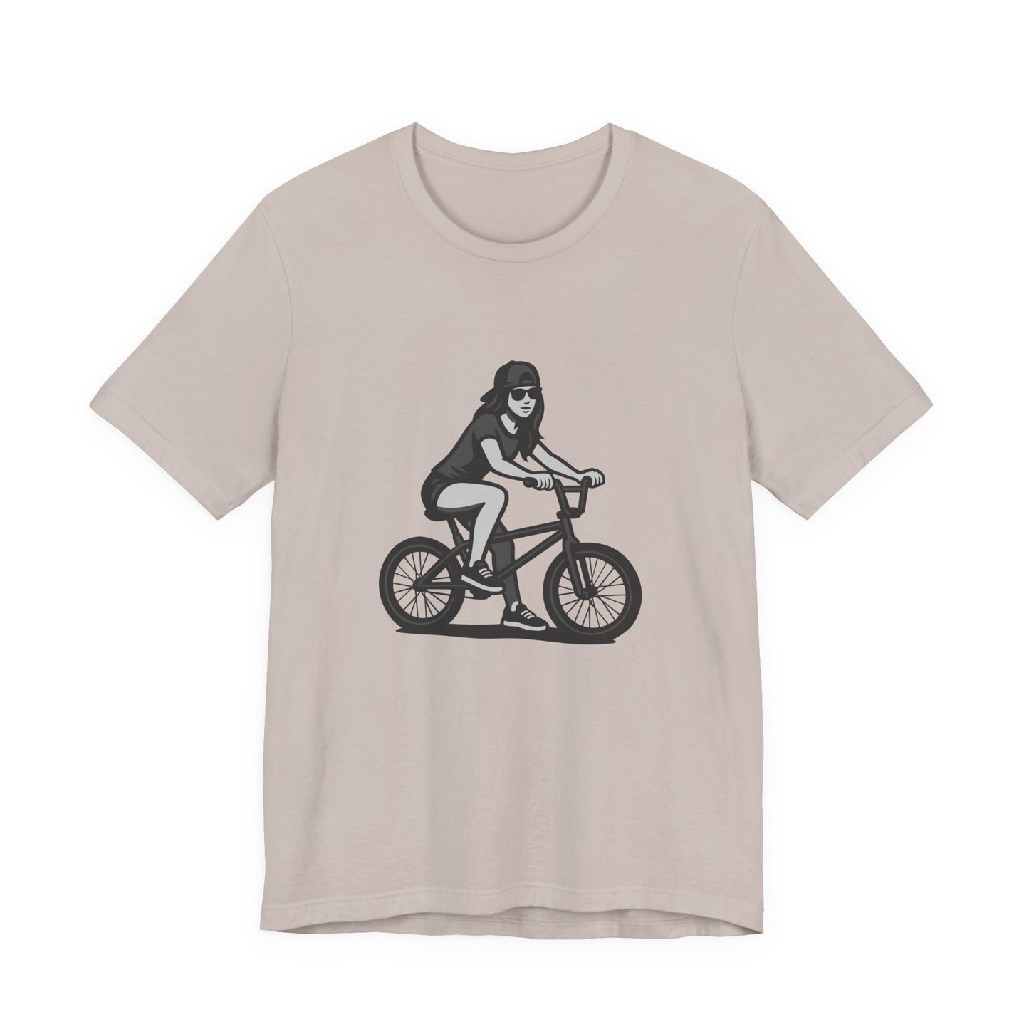 Cool Girl on Bike Graphic T-Shirt – Laid-Back Dark Theme Grayscale Rider Design on Black Tee with Street Style and Subtle Modern Ghost Effect. Unisex Jersey Short Sleeve Tee