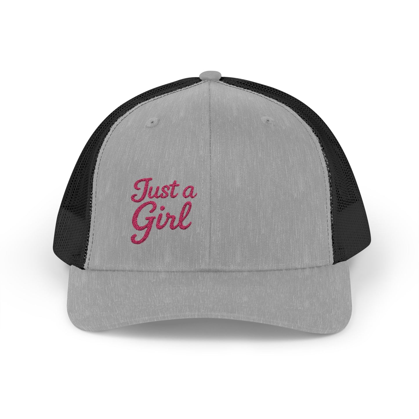 Just a Girl Trucker Hat – Minimalist Script Hat with Bold Feminine Energy and Classic Style. Pink Letters