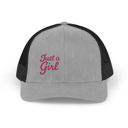 Just a Girl Trucker Hat – Minimalist Script Hat with Bold Feminine Energy and Classic Style. Pink Letters