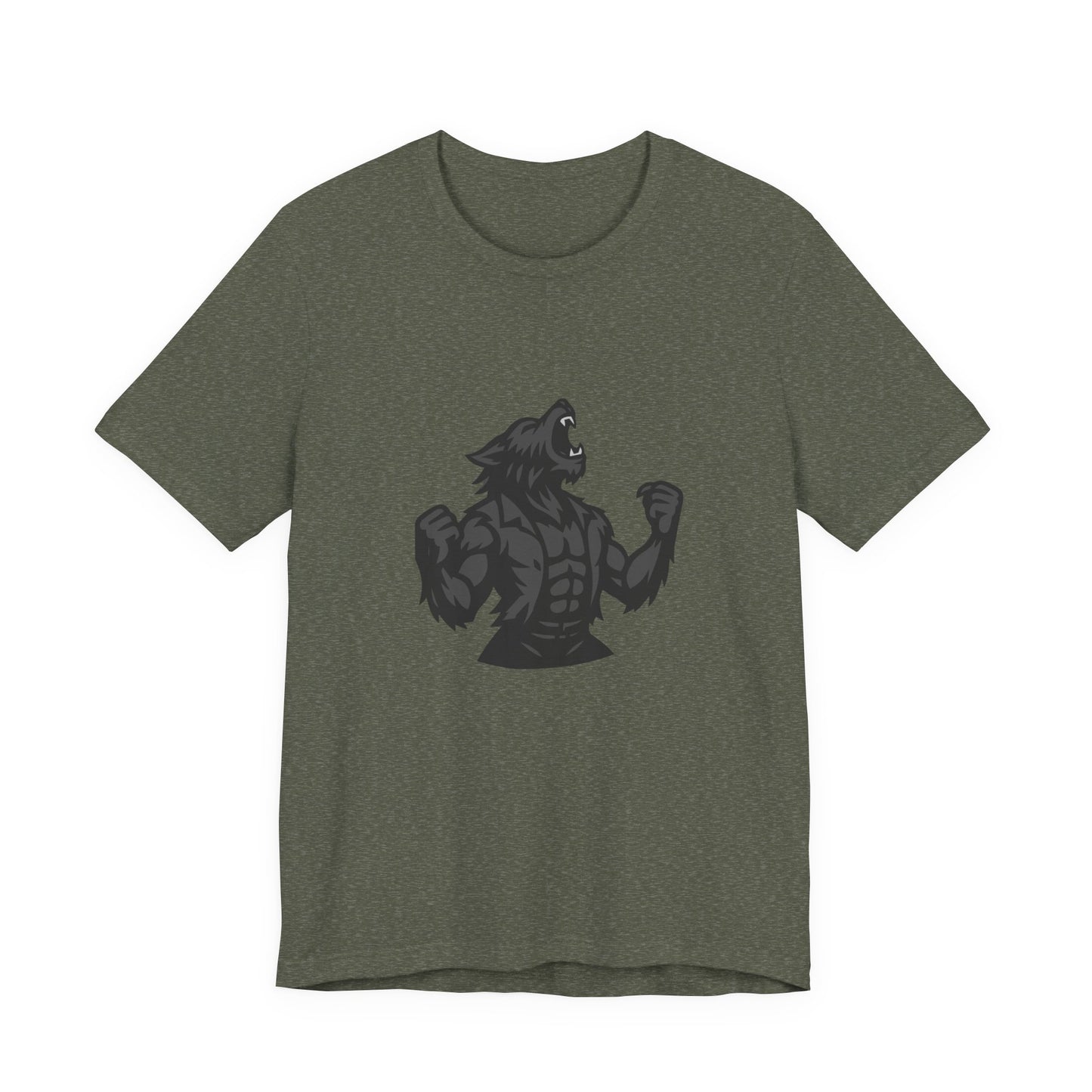 Werewolf Transformation T-Shirt – Dark Theme Grayscale Muscular Monster Design on Black Tee with Savage Energy and Modern Ghost Effect. Unisex Jersey Short Sleeve Tee