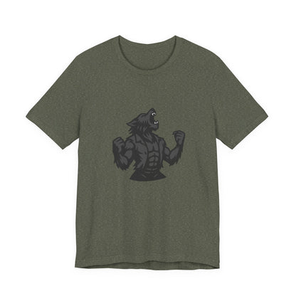 Werewolf Transformation T-Shirt – Dark Theme Grayscale Muscular Monster Design on Black Tee with Savage Energy and Modern Ghost Effect. Unisex Jersey Short Sleeve Tee