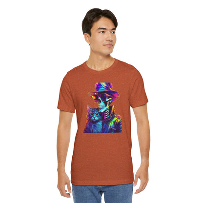 Cool Skeleton and Cat Halloween Shirt – Neon Retro Horror Graphic Tee for Spooky Style and Cat Lovers